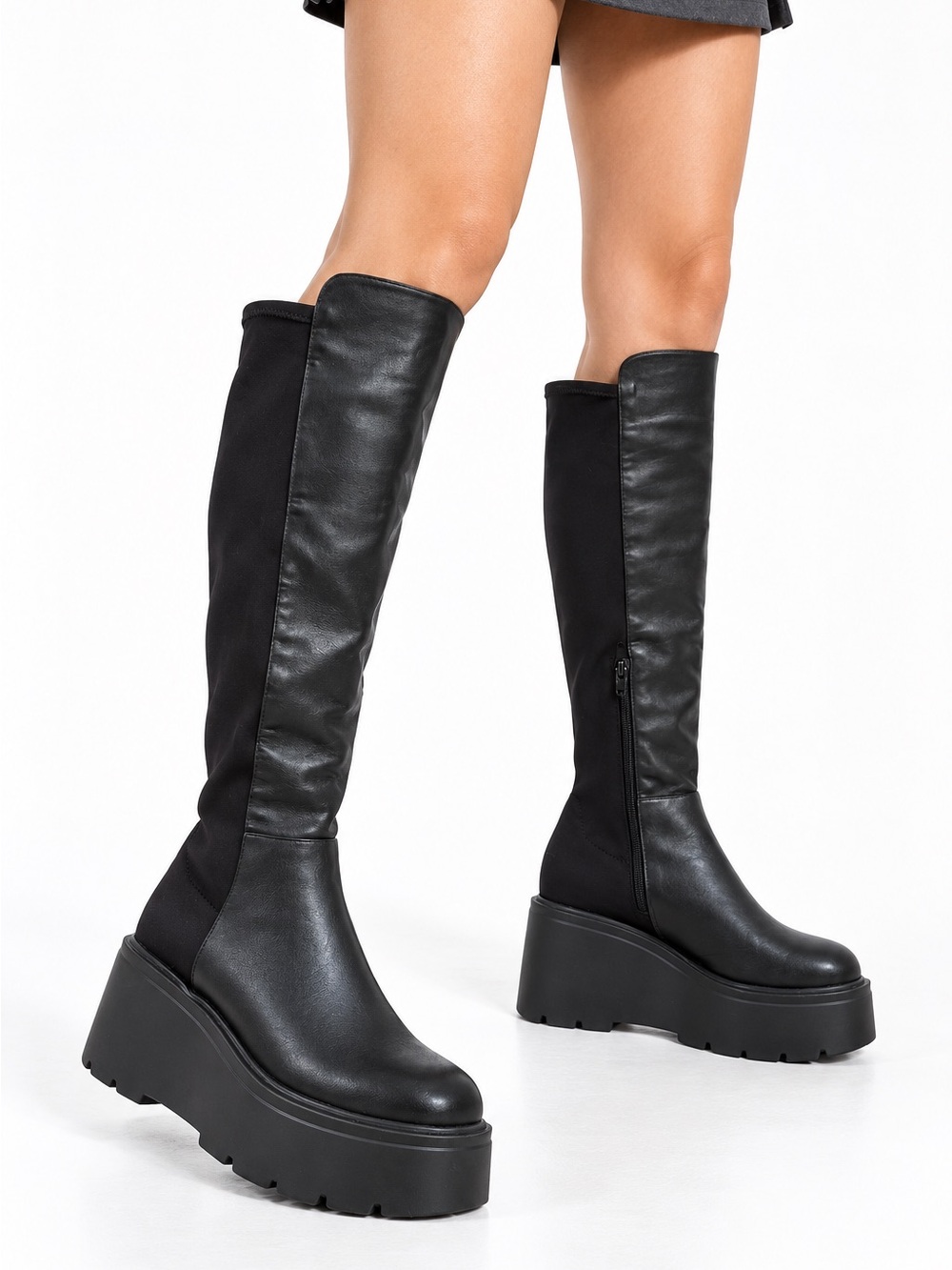 Black Over Knee Platform Boots Chunky  Sole Stretch Faux Leather Size 5. 5 Goth